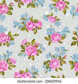 Beautiful seamless floral pattern, flower vector illustration. Elegance wallpaper with of  roses and forget-me-not on floral background. Decorative Beautiful vector illustration texture. 