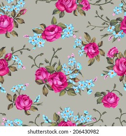 Beautiful seamless floral pattern, flower vector illustration. Elegance wallpaper with of roses and forget-me-not on floral background. Decorative Beautiful vector illustration texture. 