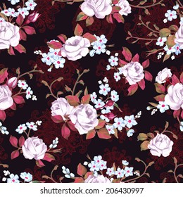 Beautiful seamless floral pattern, flower vector illustration. Elegance wallpaper with of roses and forget-me-not on floral background. Decorative Beautiful vector illustration texture. 
