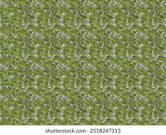 Hermoso patrón floral sin fisuras . Ilustración vectorial de flores. Campo de flores, patrón floral. Bonitas flores sobre fondo verde oscuro pastel claro. Impresión con Pequeñas flores blancas. Impresión sucia.