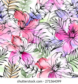 Beautiful seamless floral pattern. Flower vector background. Watercolor painting