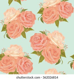 Beautiful seamless floral pattern, flower vector illustration. Elegance wallpaper with of pink roses on blue background. Background for web pages, wedding invitations, save the date cards. EPS 8