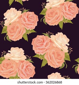 Beautiful seamless floral pattern, flower vector illustration. Elegance wallpaper with  pink roses on dark background. Background for web pages, wedding invitations, save the date cards. EPS 8