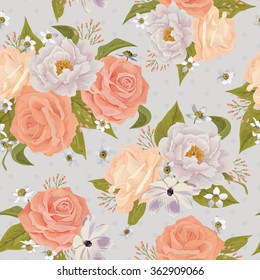 Beautiful seamless floral pattern, flower vector illustration. Elegance wallpaper with of pink roses on vintage background. Background for web pages, wedding invitations, save the date cards. EPS 10