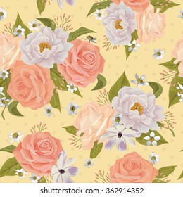 Beautiful seamless floral pattern, flower vector illustration. Elegance wallpaper with of pink roses on red background. Background for web pages, wedding invitations, save the date cards. EPS 10