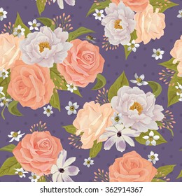 Beautiful seamless floral pattern, flower vector illustration. Elegance wallpaper with of pink roses on red background. Background for web pages, wedding invitations, save the date cards. EPS 10