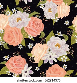 Beautiful seamless floral pattern, flower vector illustration. Elegance wallpaper with of pink roses on red background. Background for web pages, wedding invitations, save the date cards. EPS 10