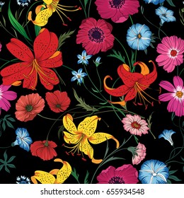 Hermoso patrón floral sin fisuras. Ilustración vectorial de flores. Campo de flores