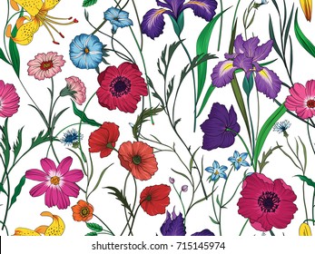 Beautiful seamless floral pattern . Flower vector illustration. Field of flowers