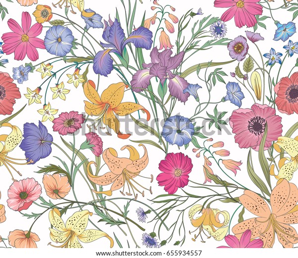 シームレスな美しい花柄 花のベクターイラスト 花畑 のベクター画像素材 ロイヤリティフリー