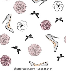 Beautiful seamless floral pattern with flowers, shoes and bows. Peony, Camellia and rose flowers. Template for postcards, fabrics, covers, flyers, banners.