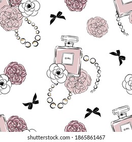 Beautiful seamless floral pattern with flowers, perfume and bows. Peony, Camellia and rose flowers. Template for postcards, fabrics, covers, flyers, banners.