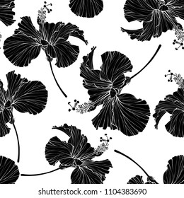 Beautiful seamless floral pattern. Hibiscus flowers background. Hibiscus flower realistic vector repeatable design.