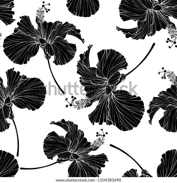 シームレスな美しい花柄 ハイビスカスの花の背景 ハイビスカスフラワーのリアルなベクター画像を再現可能なデザイン のベクター画像素材 ロイヤリティフリー