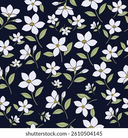 Beautiful seamless floral pattern with jasmine summer flowers on dark blue background. Vector illustration.