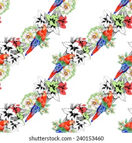 Beautiful seamless floral pattern on white background. Parrot, tropical flowers and plants, vector illustration