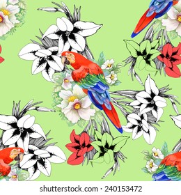 Beautiful seamless floral pattern on green background. Parrot, tropical flowers and plants, vector illustration