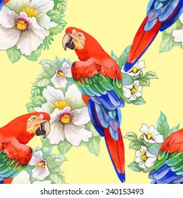Beautiful seamless floral pattern on yellow background. Parrot, tropical flowers and plants vector illustration