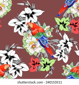 Beautiful seamless floral pattern on brown background. Parrot, tropical flowers and plants, vector illustration