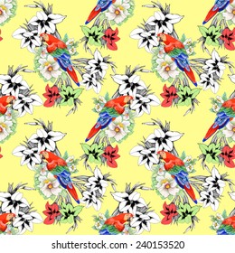 Beautiful seamless floral pattern on yellow background. Parrot, tropical flowers and plants, vector illustration