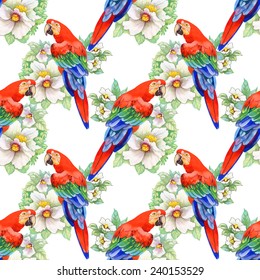 Beautiful seamless floral pattern on white background. Parrot, tropical flowers and plants vector illustration
