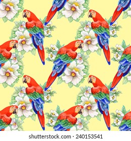 Beautiful seamless floral pattern on yellow background. Parrot, tropical flowers and plants vector illustration