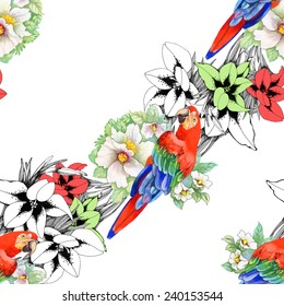 Beautiful seamless floral pattern on white background. Parrot, tropical flowers and plants, vector illustration