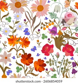 Beautiful seamless floral pattern on white background. Red roses, orange cosmos, purple bells, daffodils, daisies and tiny butterflies romantic print for fabric.