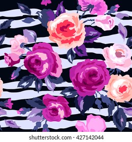 Beautiful seamless floral pattern on geometric background. Flower vector illustration.