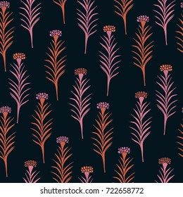 Beautiful seamless floral pattern on black background. Hand drawn vector illustration.