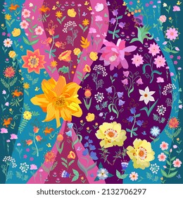 Beautiful seamless floral pattern over colorful wavy patches in vector. Wonderful natural summer print for fabric.
