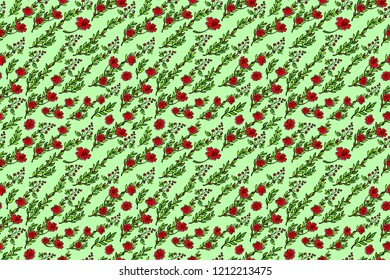 Beautiful seamless floral pattern with red flowers on green background