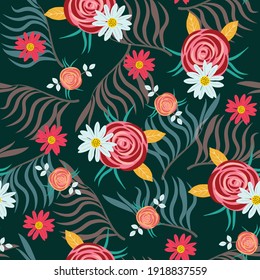 Hermoso patrón floral sin fisuras con rosas, camomilas y hojas. Para textiles, papel, embalaje, tarjetas, papel pintado. 