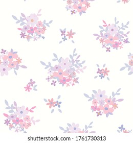 Beautiful seamless floral pattern with Scandinavian bouquet on white background. Pale color flower.