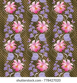 Beautiful seamless floral pattern for scarf in vector. Wreaths of cosmos and bell flowers, butterflies and grid.
