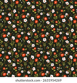 Beautiful seamless floral pattern with small flower. Cute flower pattern, black background. Ditsy print. Liberty style. Tiny flower surface design. Hand draw pattern. Ditsy floral for fashion,  fabric