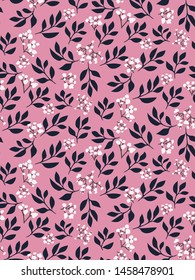 Beautiful seamless floral pattern with tree branches and small white flowers on light neon pink background. Botanical print, Wallpaper, template for interior design, fabrics, covers.Hand drawn vector 