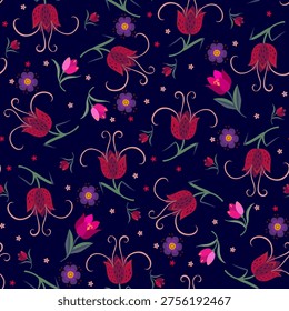 A beautiful seamless floral pattern with tulips and fritillaries on a deep purple background. Vintage style. Fabric print.