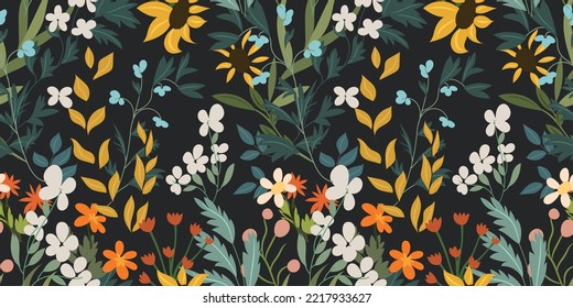 Beautiful seamless floral pattern with various kinds of wild flowers, leaves, plants on a dark background. Colorful botanical print in a simple hand-drawn style. Forest wildflowers collection. Vector 