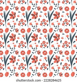 Beautiful seamless floral pattern vector. Floral vector pattern with small flowers, bees and leaves.