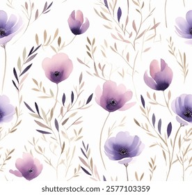 Beautiful seamless floral seamless pattern of vibrant purple flowers with delicate petals. Blooming vector design of colorful watercolor decoration for textiles and wallpapers. Artistic composition