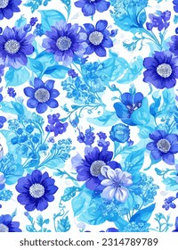 Beautiful seamless floral pattern with watercolor effect. pruple and bright blue floral vector white background
