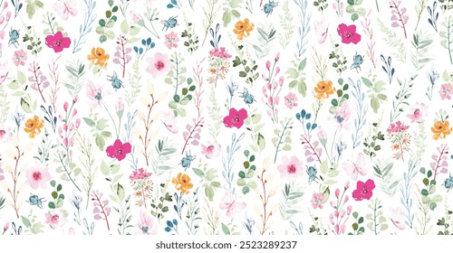 Beautiful seamless floral pattern with watercolor summer flowers. Stock illustration.