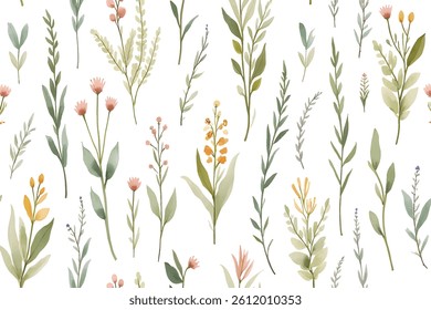 Beautiful seamless floral pattern with watercolor hand drawn gentle summer flowers. Stock illustration. Natural artwork..