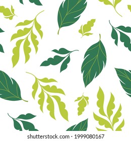 Beautiful seamless floral pattern, white background and green tropical leaves , leaves tree