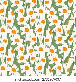Hermoso patrón floral sin fisuras con narcisos blancos. Textura botánica densa para la decoración de primavera. Para la tela, el Fondo de pantalla, y los diseños elegantes del envoltorio del regalo. Ilustración vectorial
