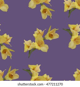  Beautiful seamless floral pattern with yellow gladiolus on violet background. Vector illustration.