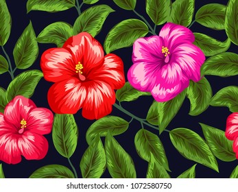 Beautiful seamless floral pattern.Bright summer background with tropical flowers of exotic hibiscus. Hawaiian style. For textile, wallpaper, surface.