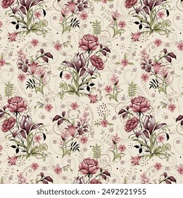 A beautiful seamless floral repeat with colorful trendy flowers and leaves for apparel design.