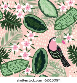 Beautiful seamless floral summer pattern background with tropical palm leaves, toucan bird, flowers. Perfect for wallpapers, web page backgrounds, surface textures, textile.